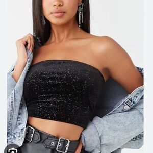 ✨ Forever 21 Black Velvet Sparkly Cropped Tube Top | Women’s S